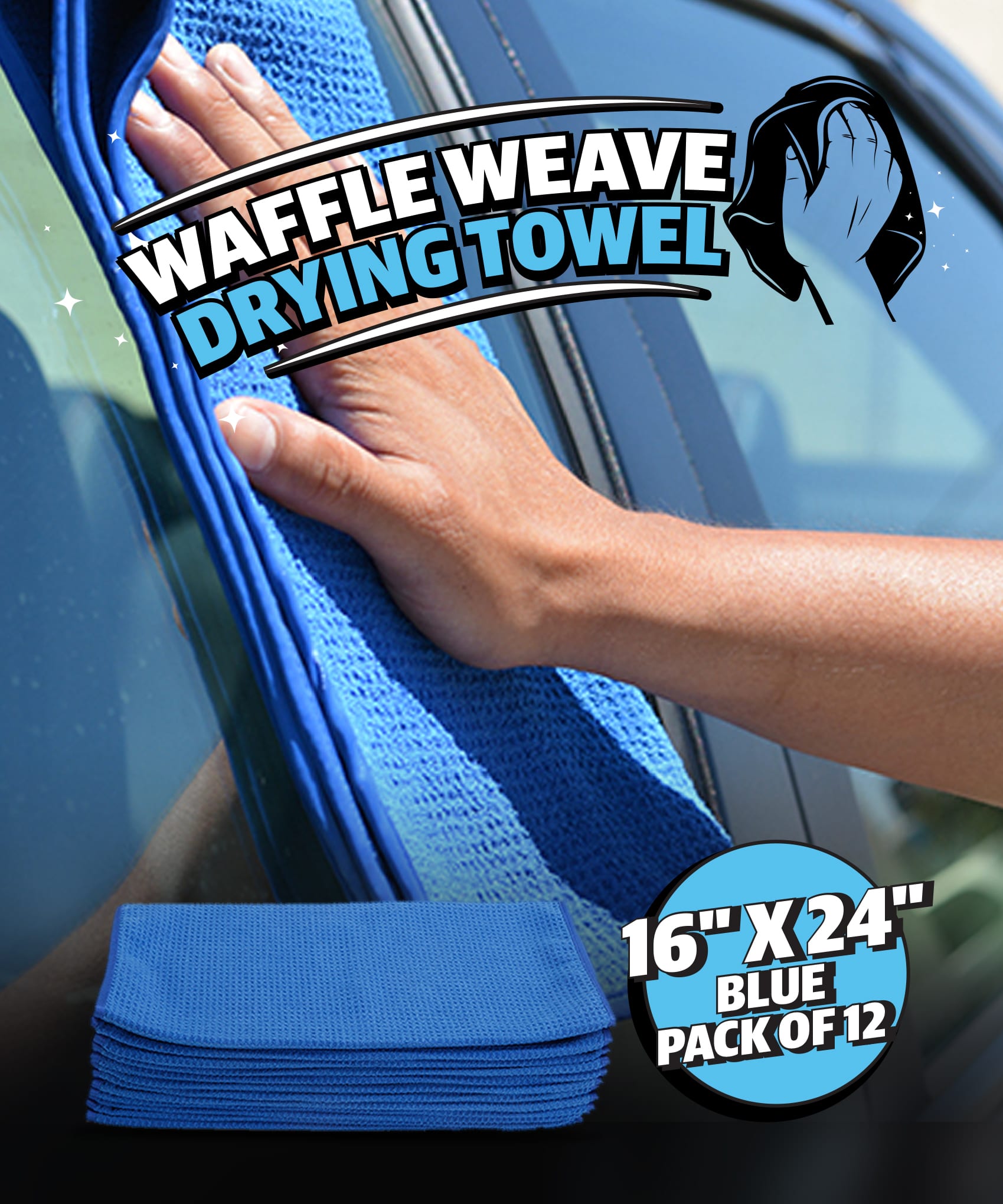 Professional Grade Waffle Weave Microfiber Cleaning Cloths, 16" x 24" Blue - Each or Pack of 12