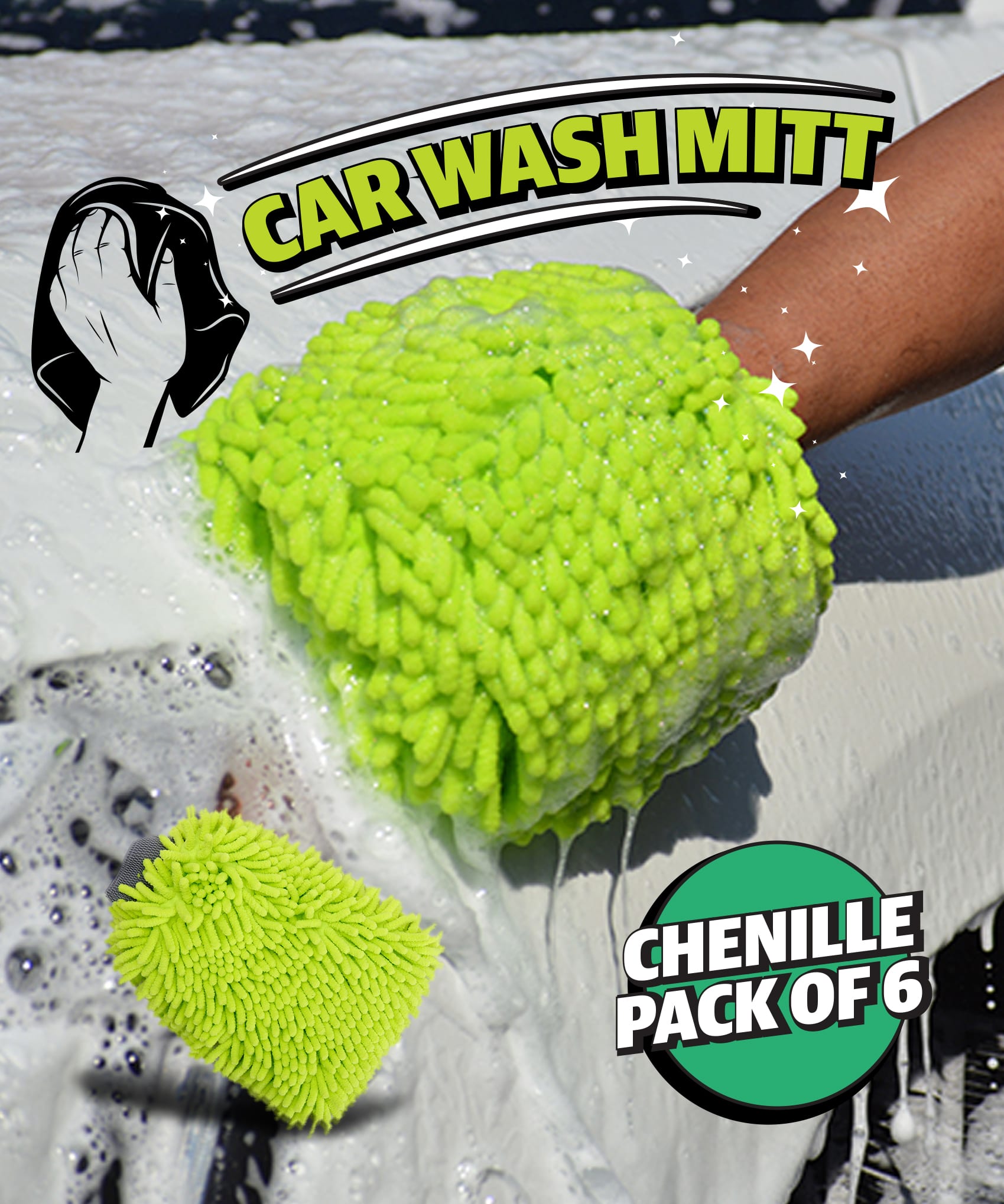 Microfiber Chenille Swirl-Free Car Wash Mitt Dust Glove, 12", Green, Each or Pack of 6
